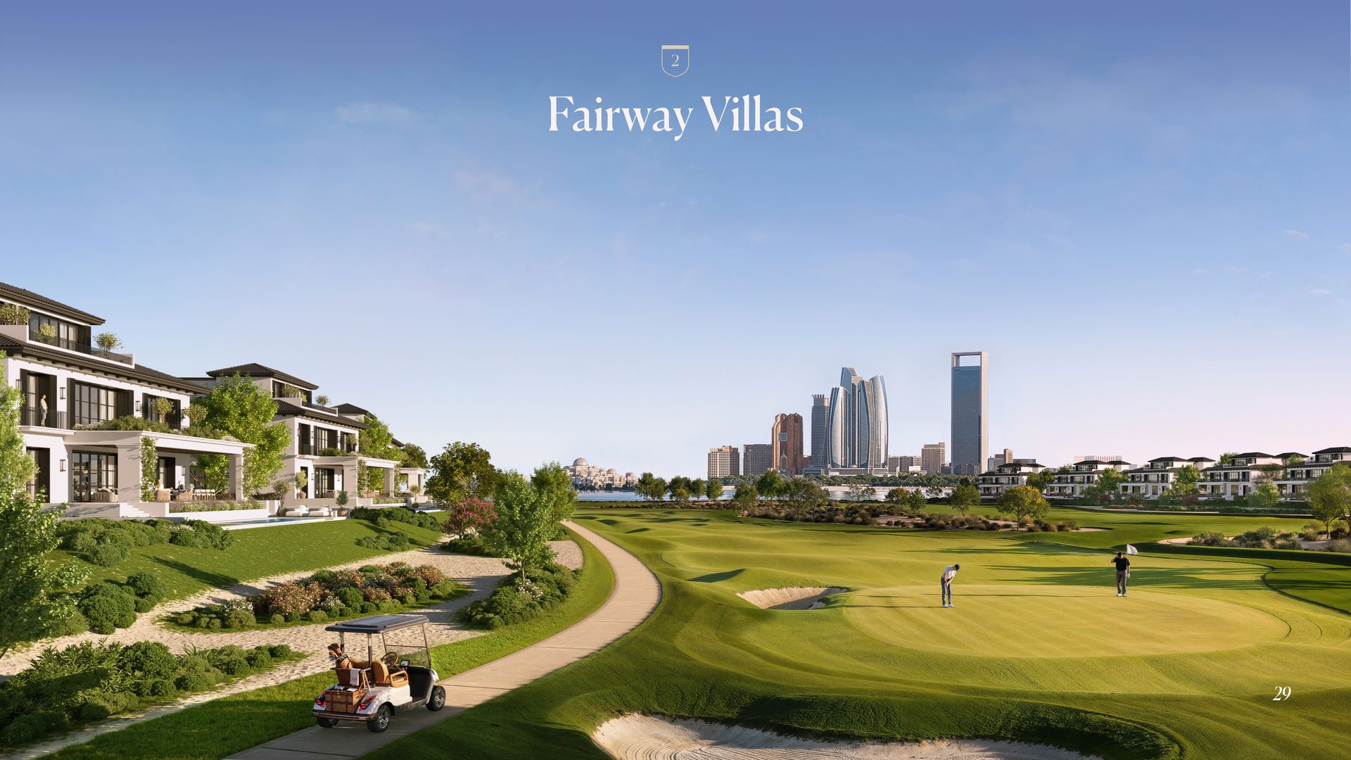 Hudayriyat Golf Estates — Fairway Villas with golf course and Abu Dhabi skyline