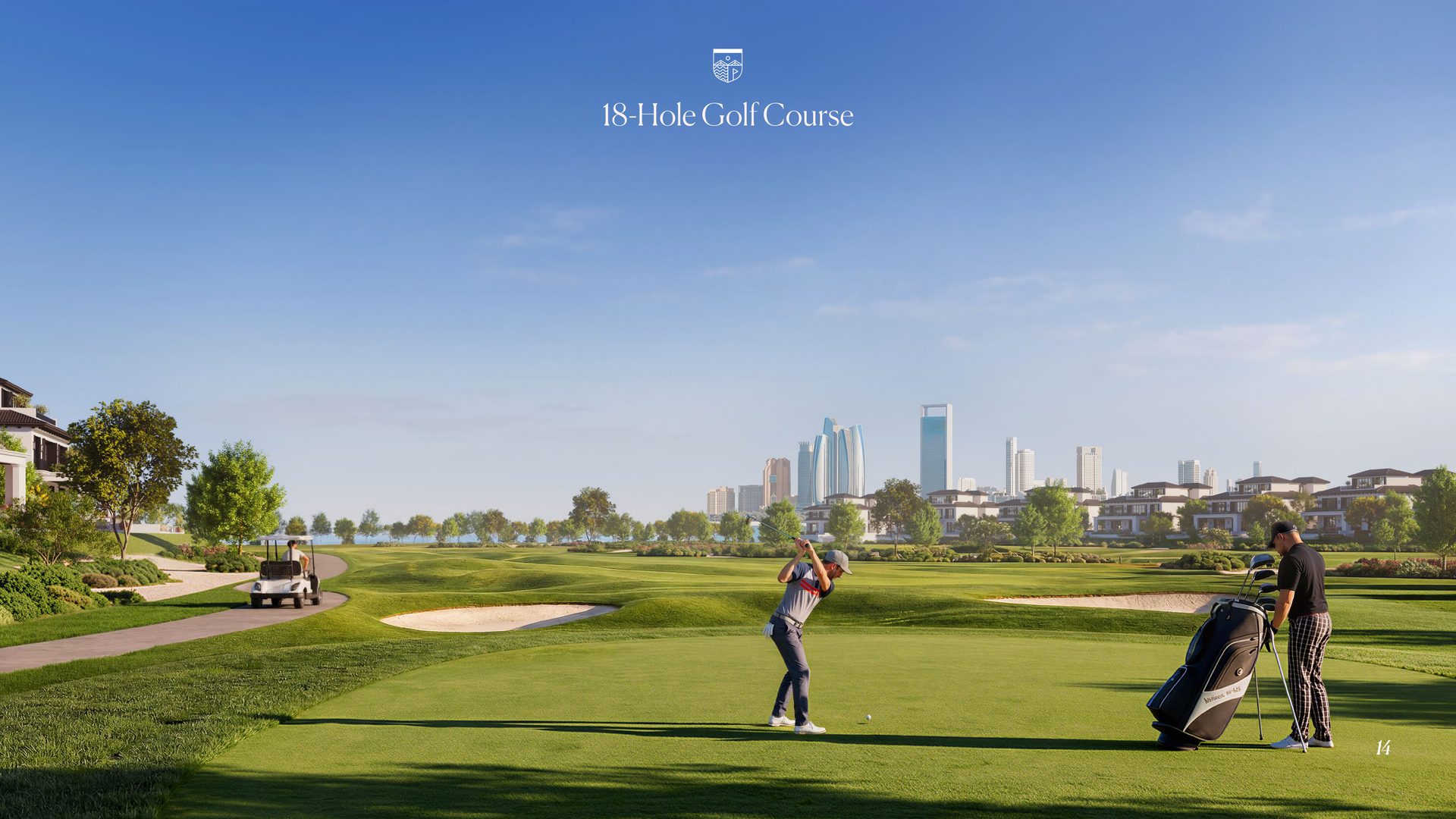 Hudayriyat Golf Estates 18-hole golf course with Abu Dhabi skyline