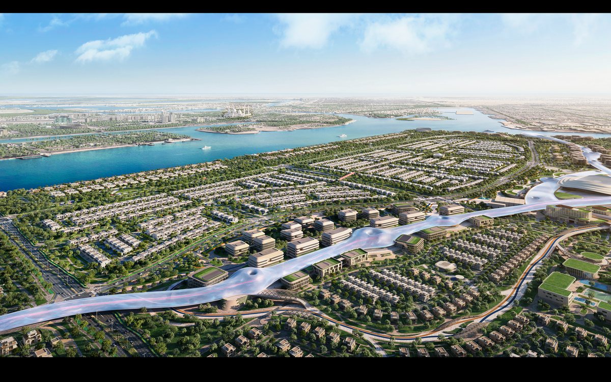 Aerial view of Wadeem Gardens on Hudayriyat Island, with the climate-controlled spine running through the villa clusters