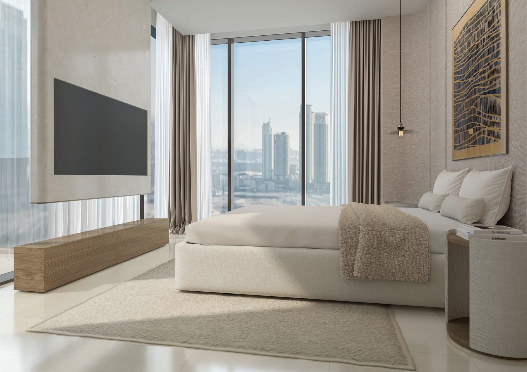A bedroom at Radiant Terrace with full-height glazing over the city