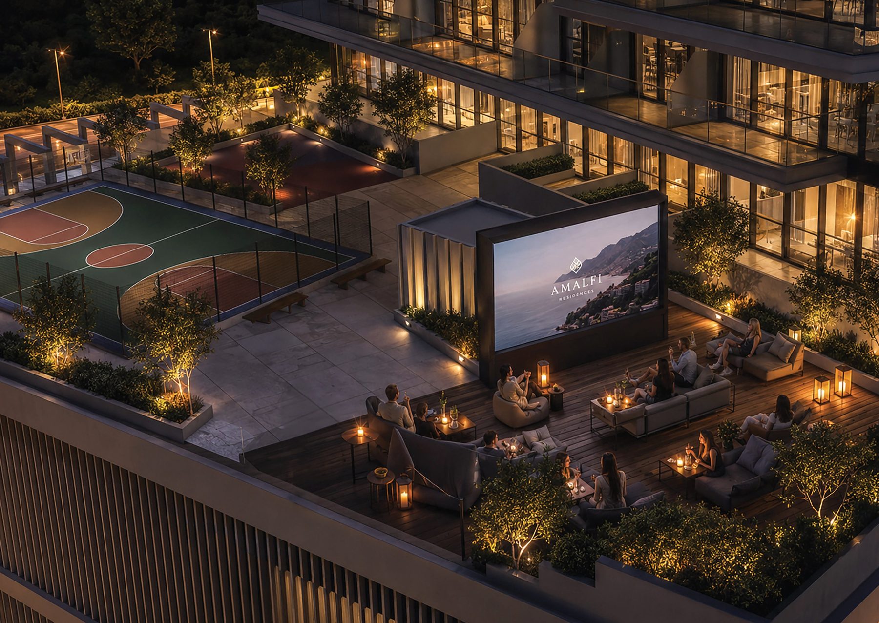 The outdoor cinema at Radiant Terrace with lounge seating under the screen