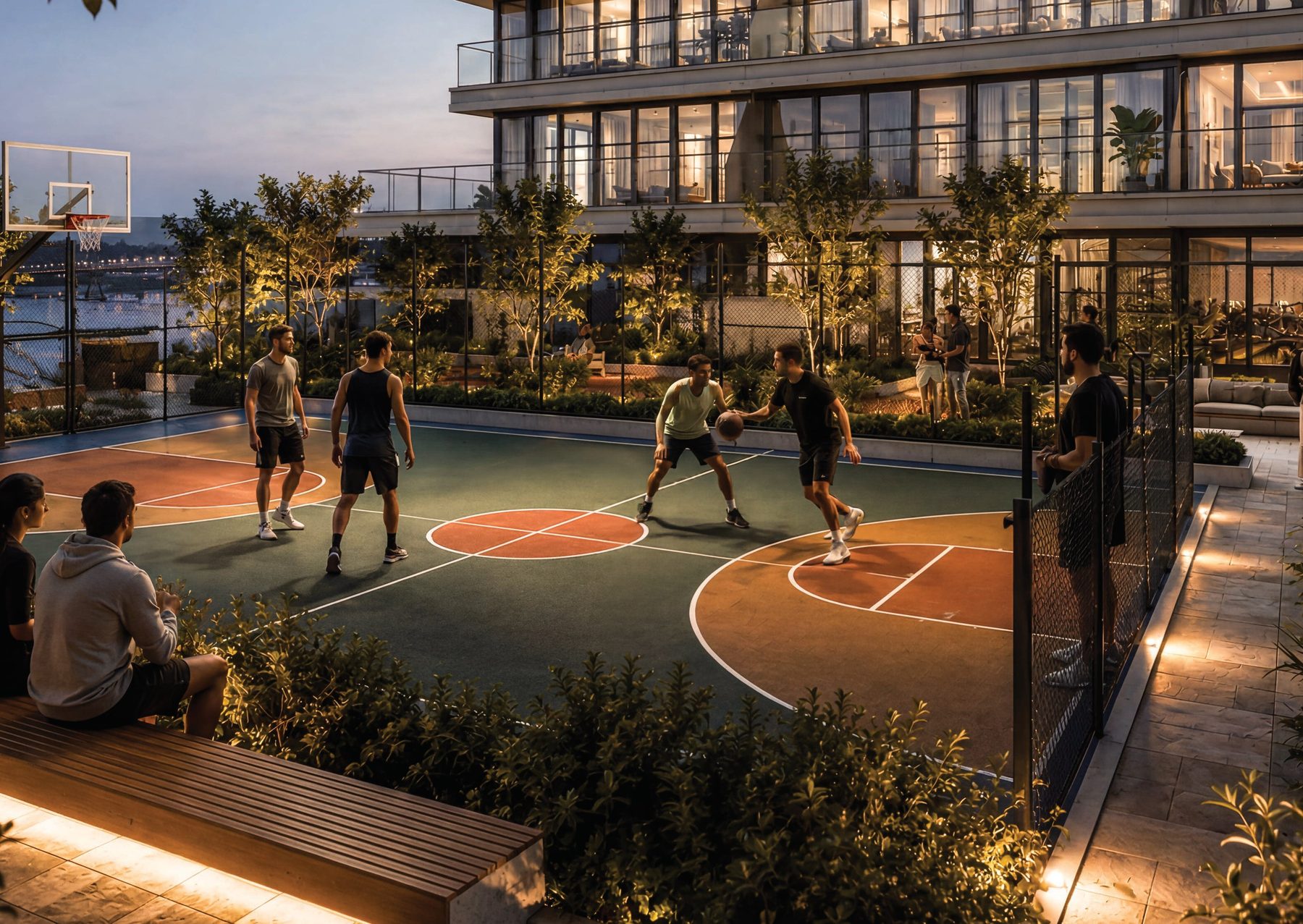 Residents playing basketball on the multi-purpose sports court at Radiant Terrace