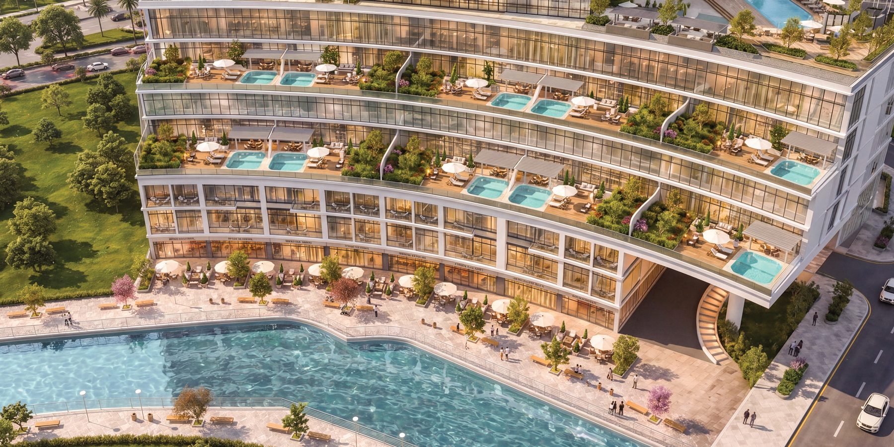 The stepped podium of Radiant Terrace from above, each level of terraces carrying its own plunge pools over a large pool deck