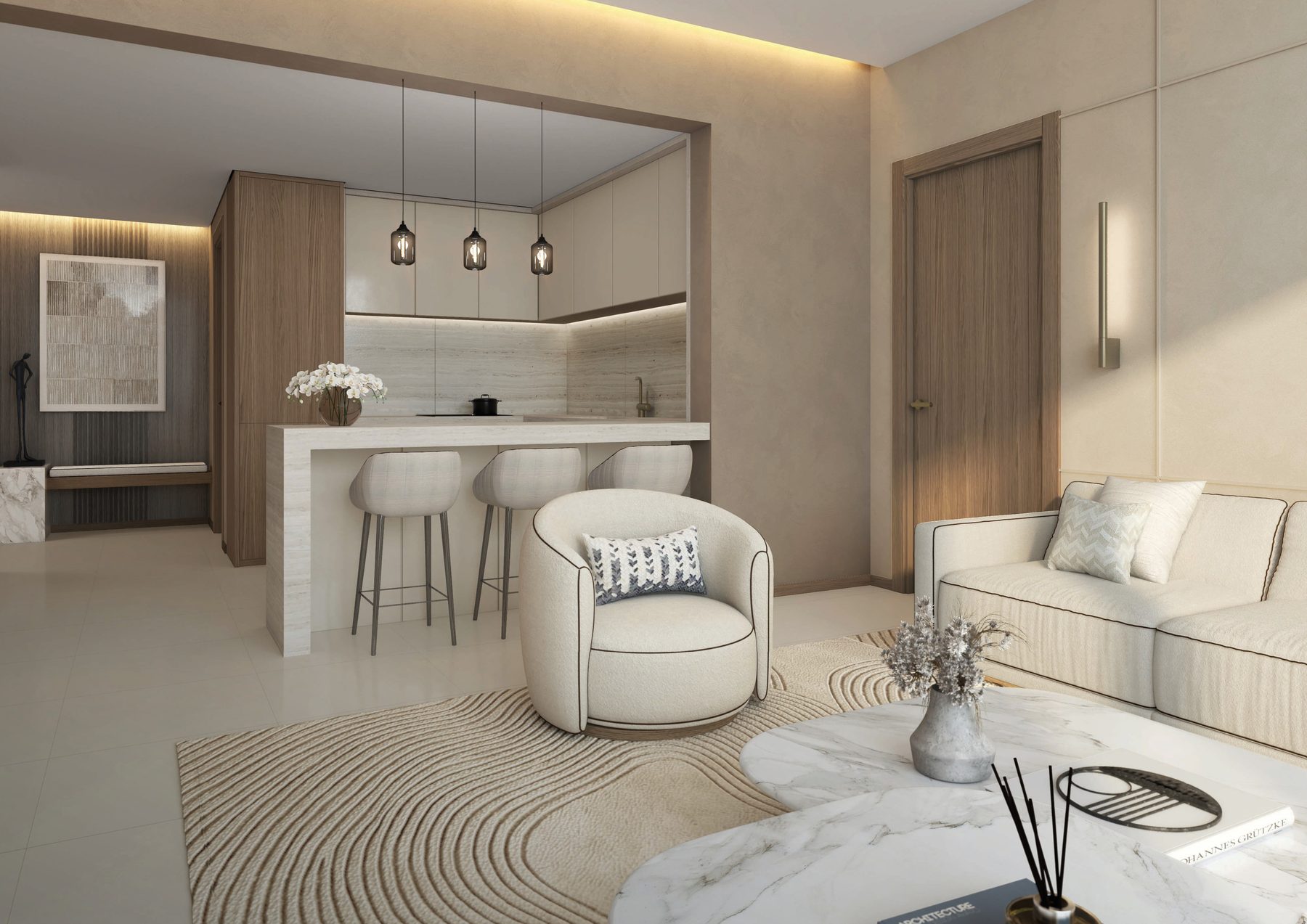 An open kitchen with a breakfast bar at Radiant Terrace