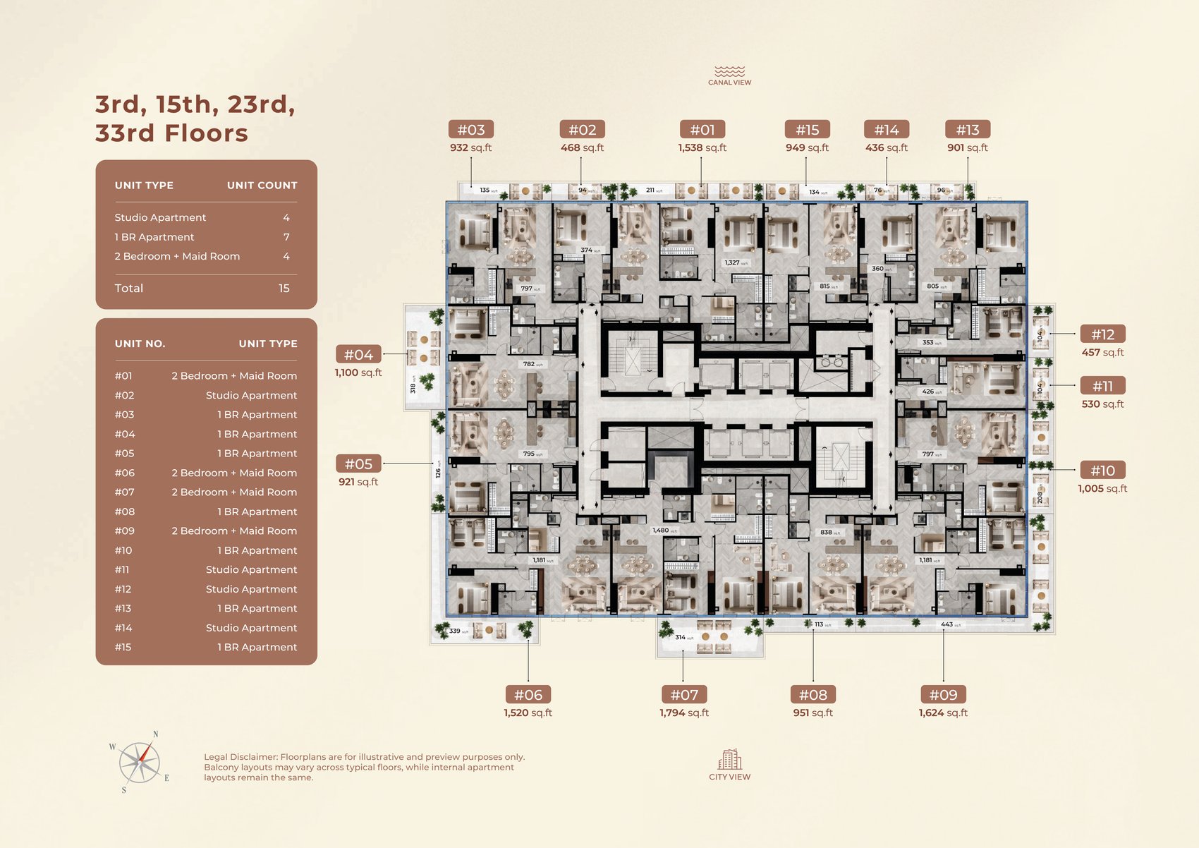 Radiant Terrace typical floor plate for the 3rd, 15th, 23rd and 33rd floors, fifteen units with their areas, canal view to the north and city view to the south