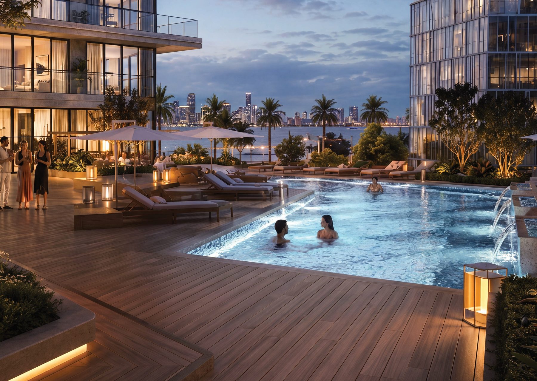 The residents' swimming pool at Radiant Terrace at dusk