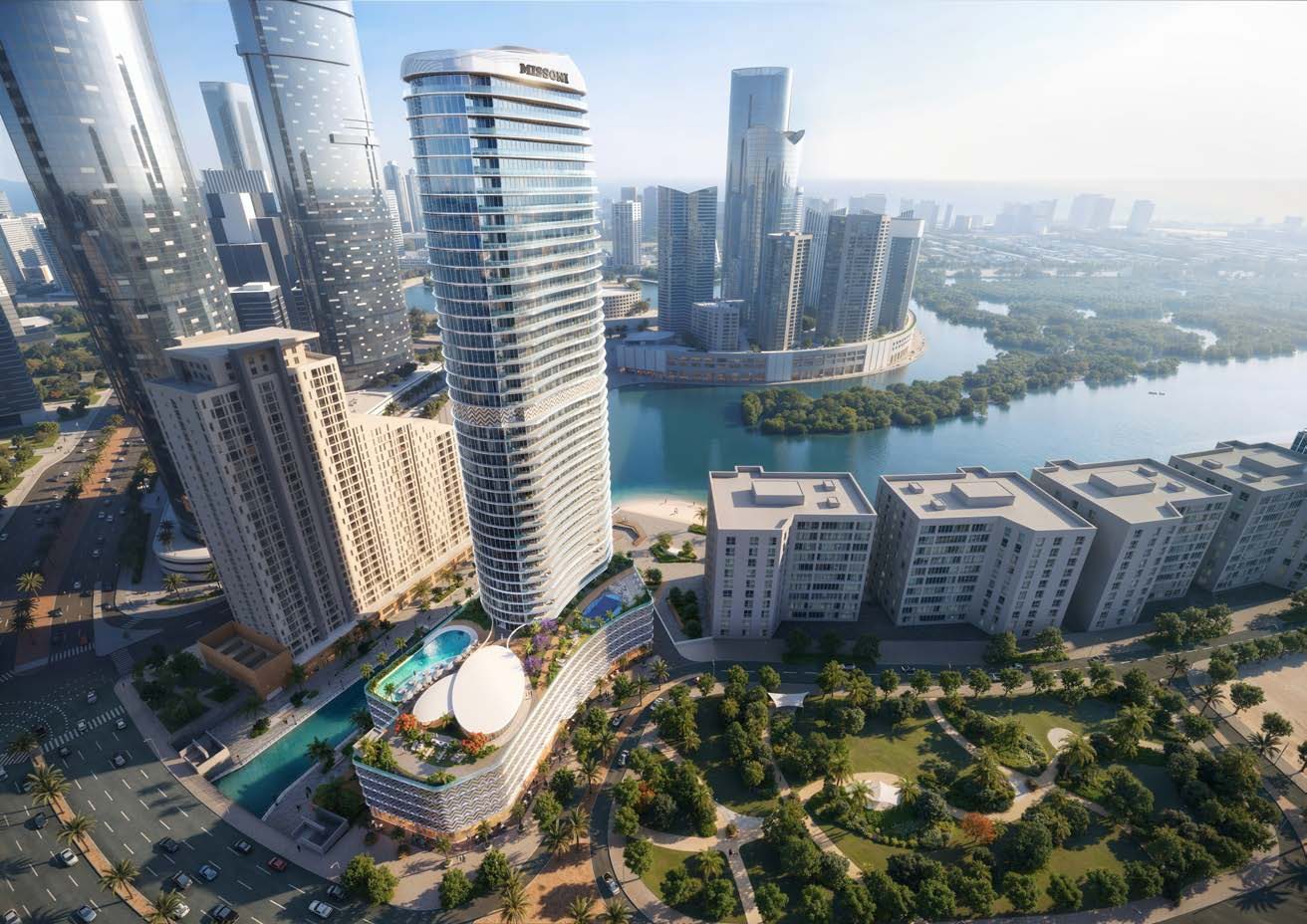 Aerial render of Waterfront by Missoni on Al Reem Island, the curved tower between the canal and the mangroves