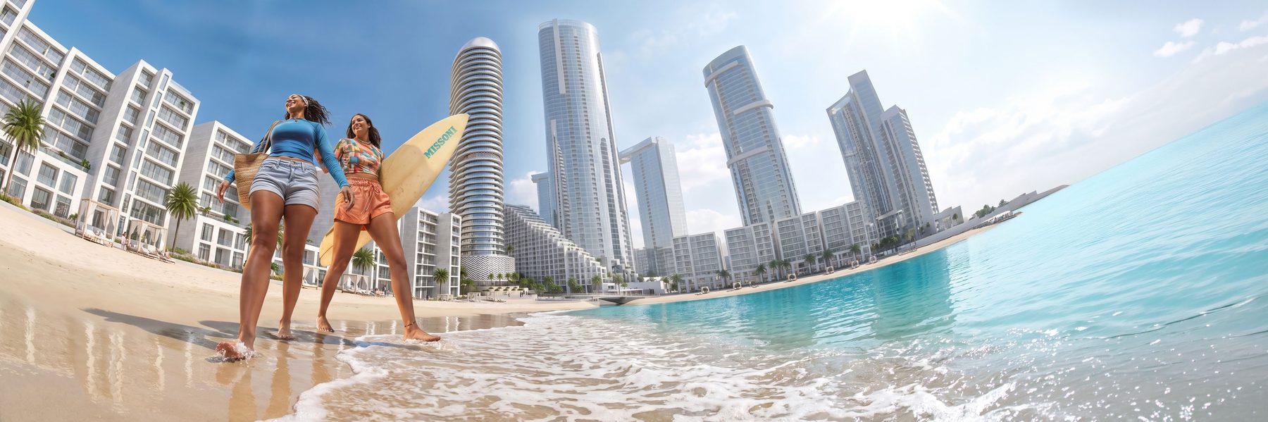 Developer's lifestyle render of a beach on Al Reem Island with the Shams towers behind