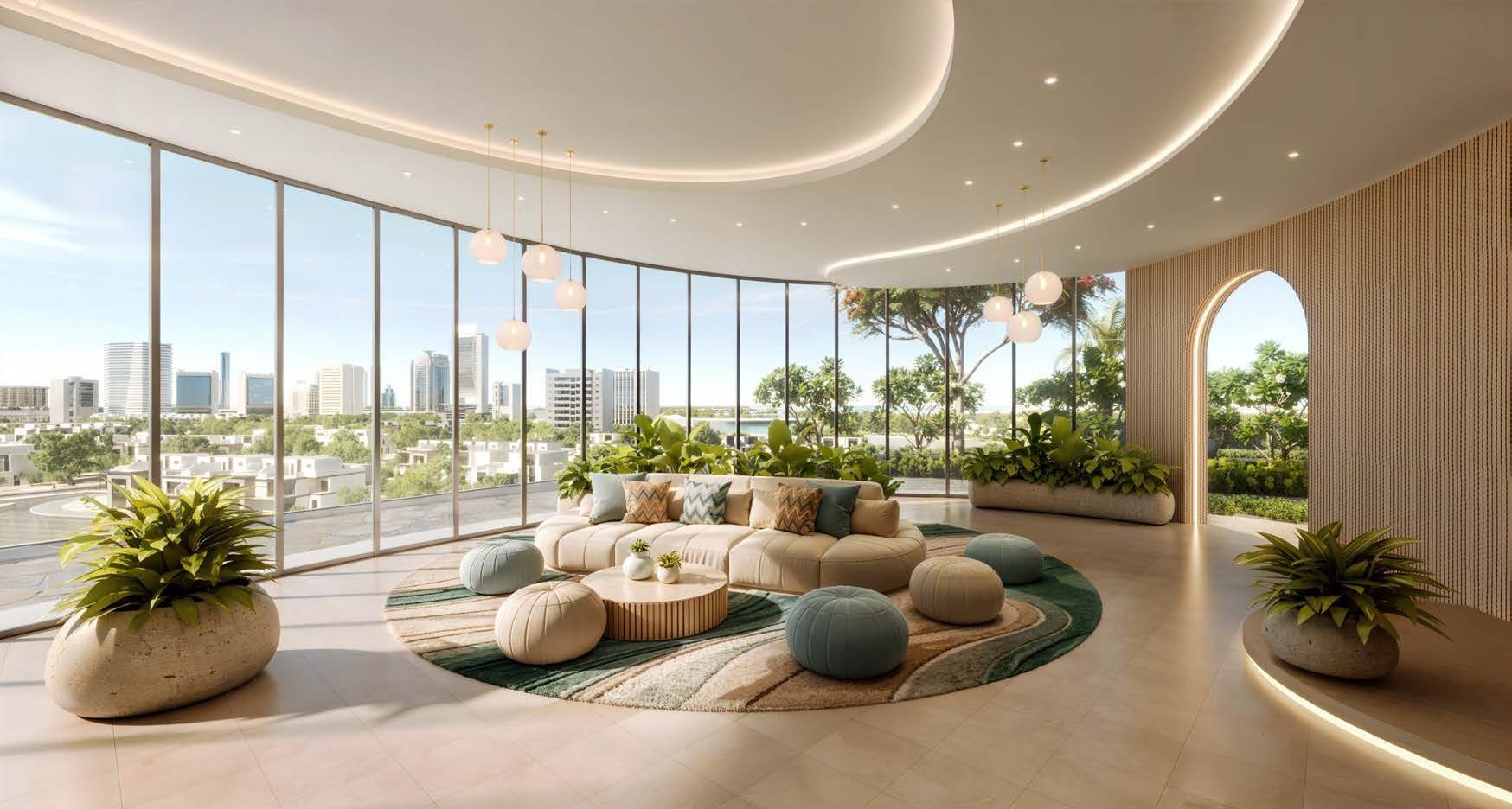 The clubhouse lounge at Waterfront by Missoni with a curved ceiling and soft seating