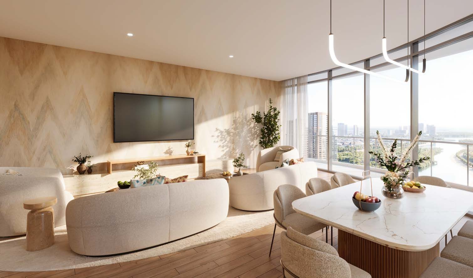 A living and dining room at Waterfront by Missoni with a chevron-patterned feature wall and full-height glazing