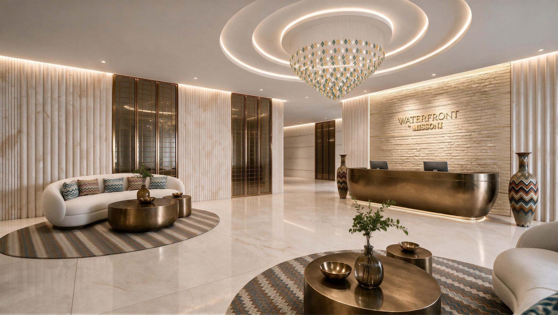The lobby of Waterfront by Missoni: a bronze reception desk, a pale stone wall with the building's name, and Missoni-patterned vases
